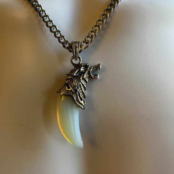 Opalite Gemstone Tusk with Men's Manly Chunky 20 inch Stainless Steel Chain NEW - Picture 5 of 12